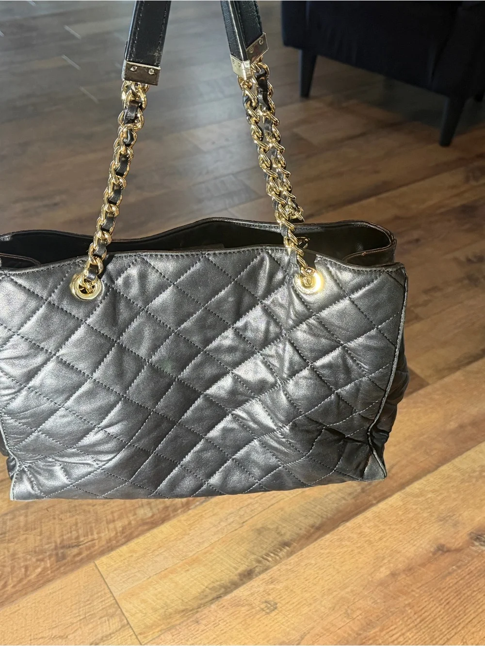 Michael Kors Black Quilted Leather Chain Tote Shoulder Bag Large
